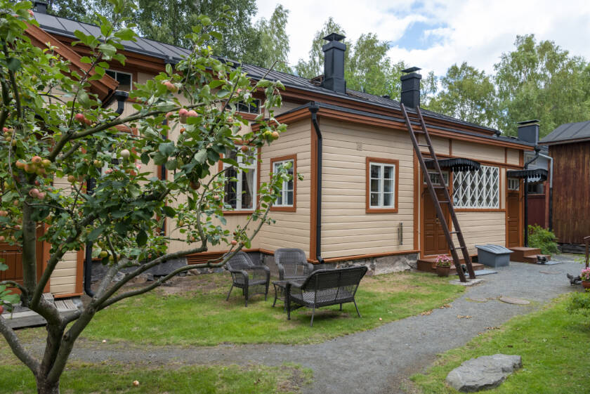 Vasemmalla omenapuu, puun takaa näkyy vanha puurakennus ja piha-alue.
