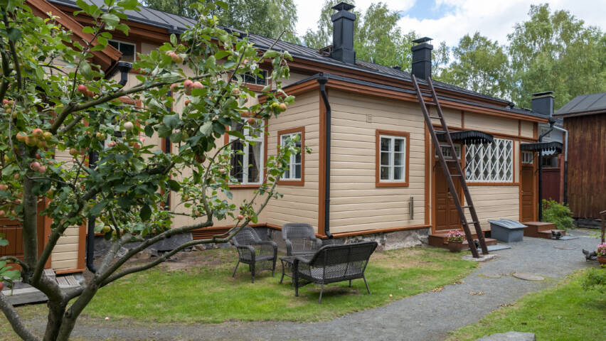 Vasemmalla omenapuu, puun takaa näkyy vanha puurakennus ja piha-alue.