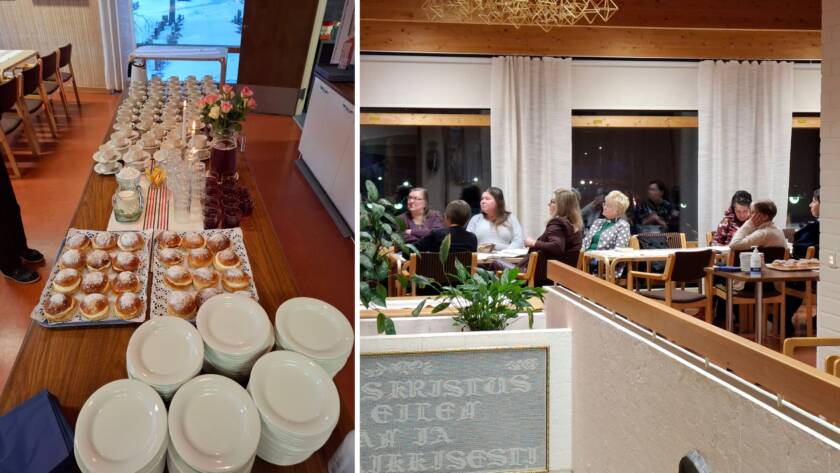 Kahvitarjoiluja ja ihmisiä pöytien ääressä.