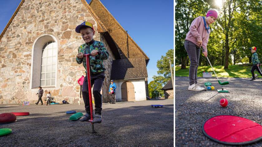 Vasemmalla lapsi hyppii hyppykepillä, oikealla lapsi golfaa.