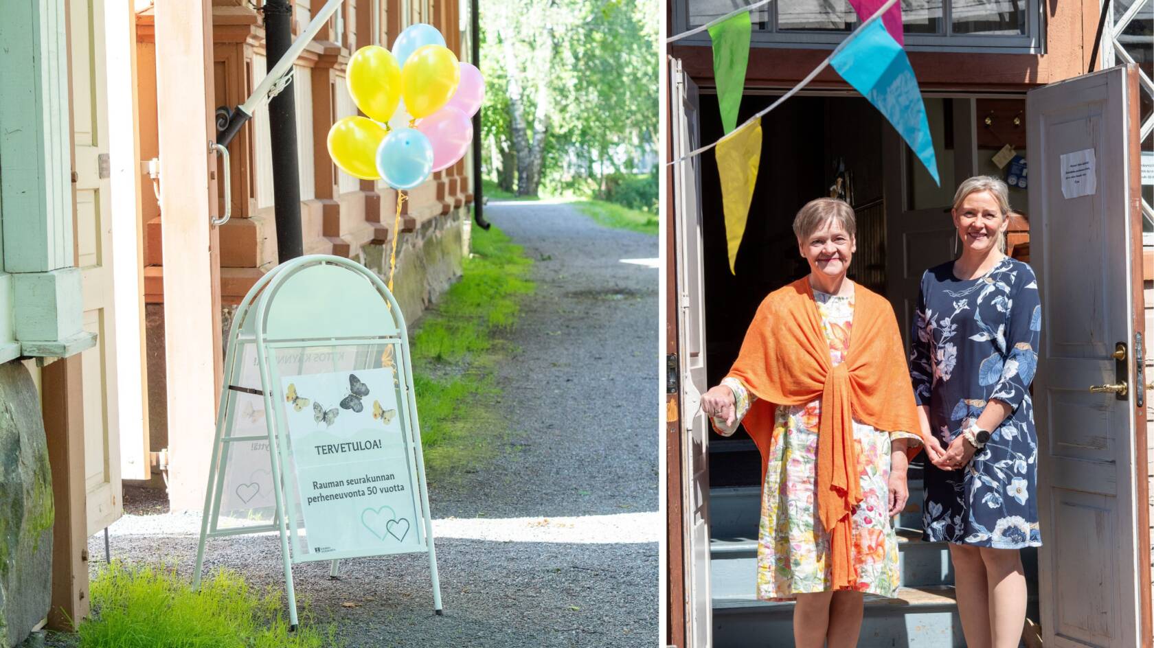 A-telineessä kiinni ilmapalloja, kaksi naista ulko-ovella.