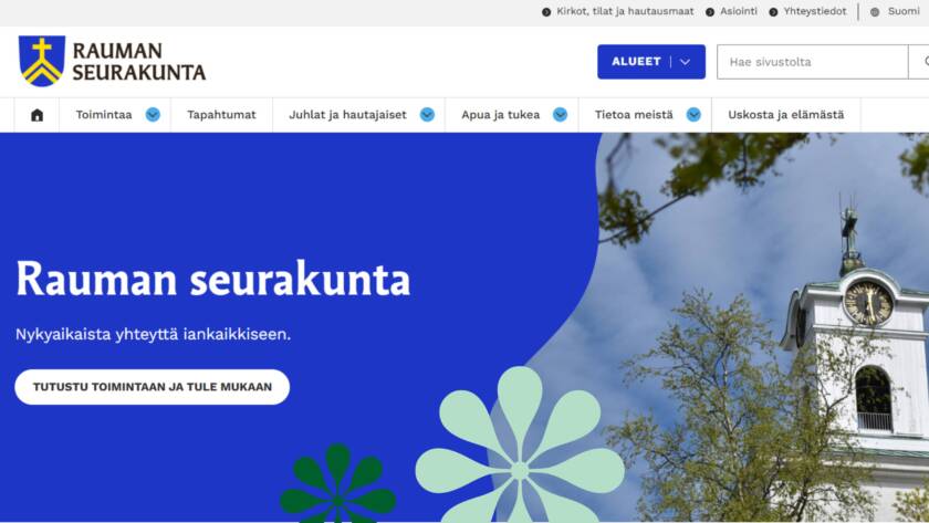 Kuva Rauman seurakunnan verkkosivujen etusivusta.