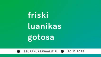 Vihreä tausta, teksti: friski, luanikas, gotosa, seurakuntavaalit.fi