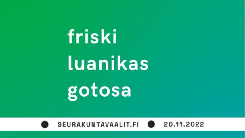 Vihreä tausta, teksti: friski, luanikas, gotosa, seurakuntavaalit.fi