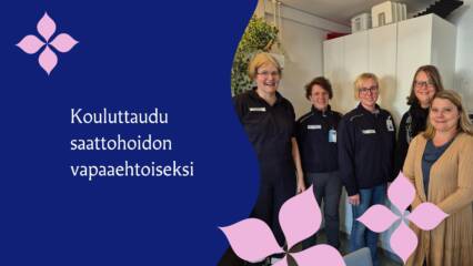 Teksti: Kouluttaudu saattohoidon vapaaehtoiseksi. Kuvassa ihmisiä.